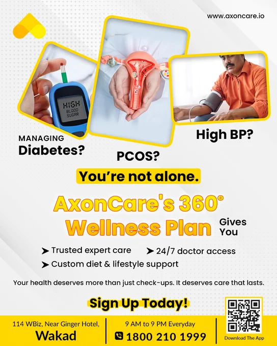 Beyond check-ups, real care! 💙 Managing Diabetes, PCOS, or High BP? Get 24/7 expert support, personalised diet plans & doctor access with AxonCare’s Wellness 360 Plan.

📞 Call 1800 210 1999 to start your journey to better health today!
.
.
.
.
.
.
.
.
.
.
.
.
.
.
.
.
.
.
.
.
.
.
.
.
.
.
#Wellness360 #DiabetesManagement #PCOSManagement #HighBloodPressure #HypertensionCare #ChronicCare #ExpertCare #DoctorOnCall #247DoctorAccess #PersonalizedHealth #CustomDietPlan #LifestyleChanges #HealthyLiving #ManageYourHealth #PreventiveHealth #PCOSsupport #DiabetesSupport #BloodPressureControl #wakadpune #bavdhanpune #bkcmumbai #axoncarebyaxonichealth


[Wellness 360, Diabetes management, PCOS management, High blood pressure management, Hypertension care, Chronic condition management, Online doctor consultation, 24/7 doctor access, Expert health care, Custom diet plan diabetes, Personalized lifestyle support PCOS, High BP lifestyle coaching, Manage diabetes online, Control PCOS symptoms program, L