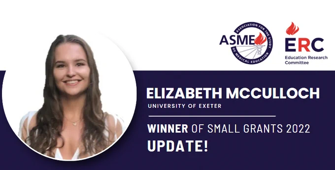 A graphic with a circular photo of a smiling young woman with long brown hair on the left. On the right, in white text on a dark purple background, it reads "ELIZABETH MCCULLOCH" above "UNIVERSITY OF EXETER". Below that, in larger white text, is "WINNER OF SMALL GRANTS 2022" followed by "UPDATE!" in red. The ASME logo and the ERC logo are visible in the upper right corner.