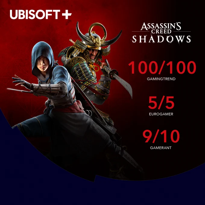 Promotional graphic for "Assassin’s Creed Shadows", featuring Naoe and Yasuke. The background is a deep red gradient. On the right, game review scores are displayed in bold red text: "100/100 GamingTrend", "5/5 Eurogamer", and "9/10 GameRant". The Ubisoft  logo appears in the top left corner.