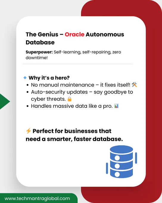💥 What if Oracle Cloud was a superhero team?
 Each service with its own superpower — from fixing databases on its own to reading customer minds 🧠⚡

Meet your business's next MVPs – powered by TechMantra.
Let’s turn your cloud game heroic. 🚀

#Oracle #OracleCloud #ERP #OracleSolution #Database #BusinessGrowth #DigitalInnovation #AI #AutonomousDB #CloudSolutions

📩 For consultations & more info:
📧 info@techmantraglobal.com | connect@techmantraglobal.com
📞  𝟗𝟕𝟏𝟒𝟐𝟒𝟎𝟖𝟏𝟐𝟑 | 966 5536 39545
🌐 www.techmantraglobal.com

#Dubai #SaudiArabia #Qatar #USA #Oman #Bahrain #India