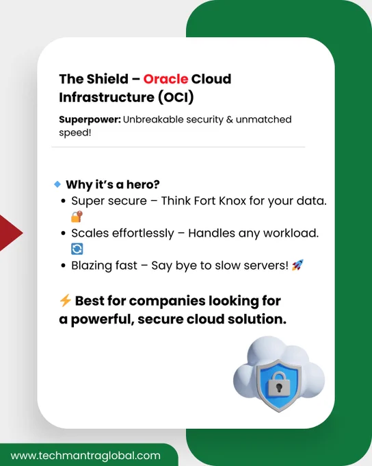 💥 What if Oracle Cloud was a superhero team?
 Each service with its own superpower — from fixing databases on its own to reading customer minds 🧠⚡

Meet your business's next MVPs – powered by TechMantra.
Let’s turn your cloud game heroic. 🚀

#Oracle #OracleCloud #ERP #OracleSolution #Database #BusinessGrowth #DigitalInnovation #AI #AutonomousDB #CloudSolutions

📩 For consultations & more info:
📧 info@techmantraglobal.com | connect@techmantraglobal.com
📞  𝟗𝟕𝟏𝟒𝟐𝟒𝟎𝟖𝟏𝟐𝟑 | 966 5536 39545
🌐 www.techmantraglobal.com

#Dubai #SaudiArabia #Qatar #USA #Oman #Bahrain #India