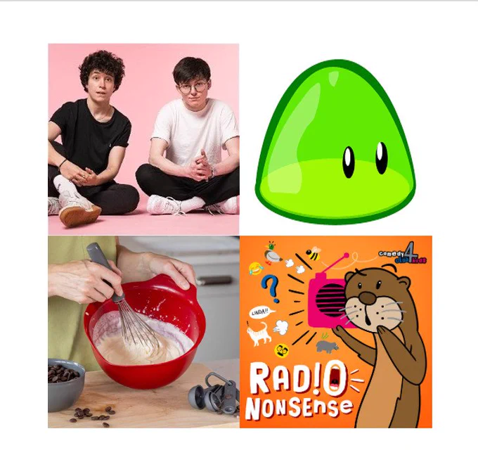 Clockwise from top left: Shelf Comedy, a bid jumping green blobs, Radio Nonsense logo and someone prepping for a whisk duel 