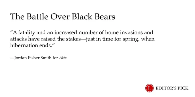 Headline:  The Battle Over Black Bears 

Dek: A fatality and an increased number of home invasions and attacks have raised the stakes—just in time for spring, when hibernation ends.

Tagline: Jordan Fisher Smith for Alta

A logo in the bottom right reads “Longreads Editor’s Pick”