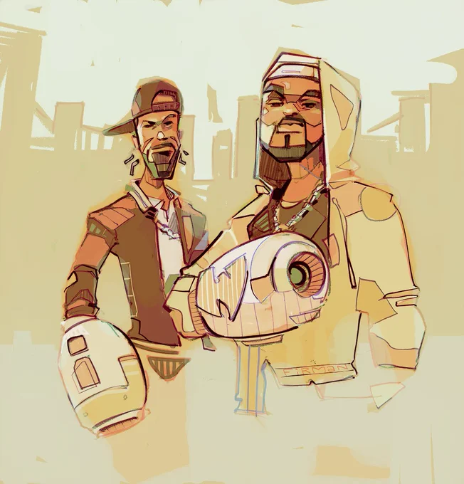 A portrait from the waist up of rappers Redman and Method Man, each of their right arms terminating in an arm blaster a la the Mega Man games by Capcom.  The overall palette is monochromatically warm and beige.  Redman has a dark snapback with the brim turned askew rearwards.  He has a beard, necklace chain, white polo, and dark letterman sort of jacket.  Method Man, also in a trim beard, wears a white durag under the hood of a beige jacket.  He too sports a necklace, over a dark tee, and he holds his blaster arm up to his ribs, displaying the Wu Tang symbol affixed to it.