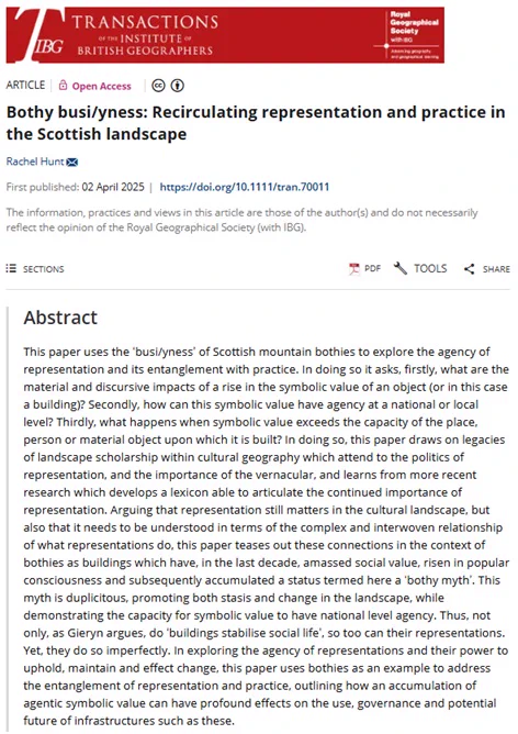 Title and abstract for 'Bothy busi/yness: Recirculating representation and practice in the Scottish landscape' by Rachel Hunt in Transactions of the Institute of British Geographers.
