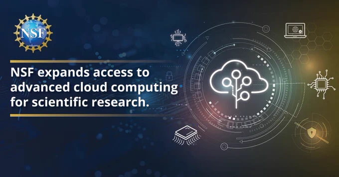 Abstract image featuring technology-related icons, including a computer chip, laptop, and an internet cloud. The text reads, "NSF expands access to advanced cloud computing for scientific research."