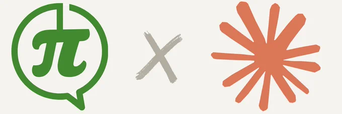 Two logos side by side on a light background. On the left, the green Say, Pi logo featuring a speech bubble with the pi symbol inside. On the right, the orange starburst logo of Claude AI. A hand-drawn ‘X’ sits between them, signifying collaboration.