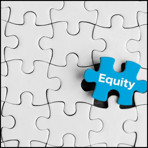 White puzzle pieces with one blue puzzle piece that says equity symbolizing togetherness