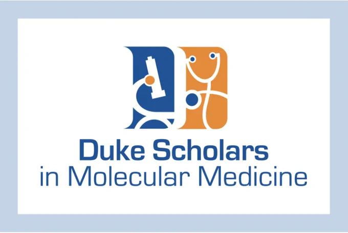 Blue and orange logo for Duke Scholars in Molecular Medicine featuring graphics of a microscope and stethoscope. 