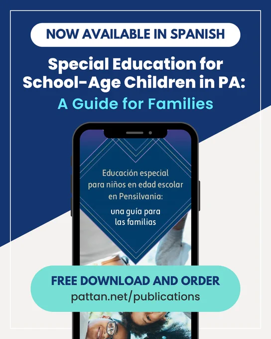 A cell phone with a blue and white background. Text reading, Special Education for School-Age Children in Pennsylvania: A Guide for Families.