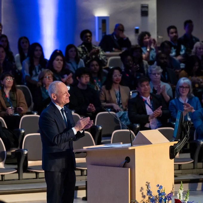 U of T President Meric Gertler giving remarks at the unveiling of the Sam Ibrahim Building.

