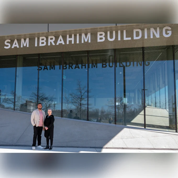 Sam Ibrahim, president and general manager of Arrow Group of Companies, and Linda Johnston, Principal of UTSC, at the recently opened Sam Ibrahim Building located on the North Campus of U of T Scarborough.
