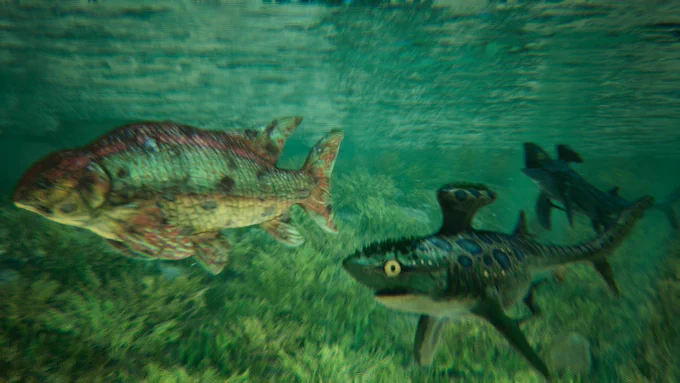 A screenshot of Stethacanthus in game chasing down a Lepidotes