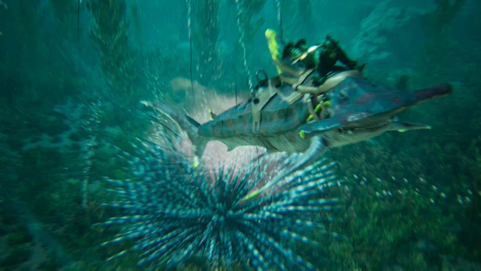 A screenshot of King Diadema (a new alpha variant) in game, firing spikes at an unfortunate Sphyrna and its rider