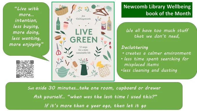 Book cover and tips on decluttering from Live Green by Jen Chillingsworth, our featured Wellbeing book of the month at Newcomb Library 