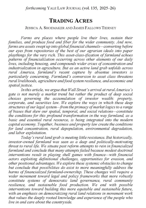 abstract - Trading Acres - Jessica A Shoemaker and James Fallows Tierney - forthcoming Yale Law Journal

