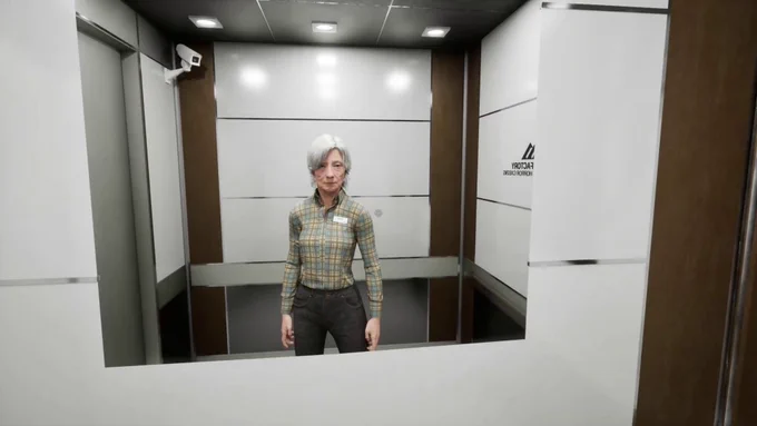 The Cabin Factory's protagonist, an old woman, looks into the mirror of the company elevator