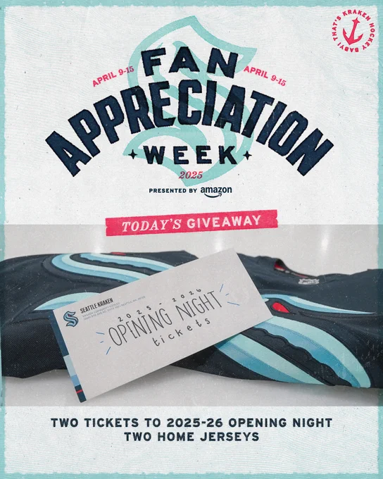 A graphic with the Fan Appreciation Week, pres. by Amazon, header, along with a photo of two home jerseys and an envelope with tickets to 2025-26 opening night.