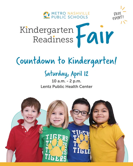 Image of four small children and Headline: Countdown to Kindergarten! Kindergarten Readiness Fair, 10 a.m. to 2 p.m. Saturday April 12 at the Lentz Public Health Center