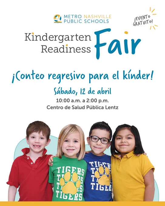 magen promocional del evento “Kindergarten Readiness Fair” de las Escuelas Públicas de Metro Nashville. Texto principal: “¡Conteo regresivo para el kínder! Sábado, 12 de abril, 10:00 a.m. a 2:00 p.m., Centro de Salud Pública Lentz. ¡Evento gratuito!” Aparecen cuatro niños pequeños sonriendo, con camisetas de colores brillantes. Dos de ellos usan camisetas con el logotipo de los Tigers.