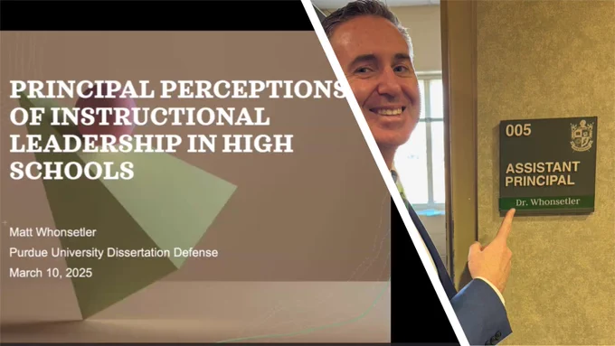 Photo of dissertation slide and smiling man pointing to new nameplate by office door