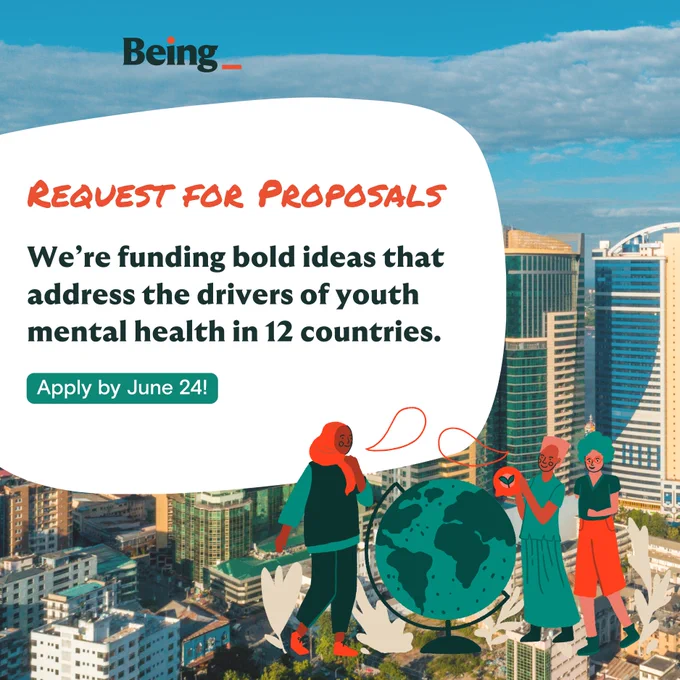📢 Call for proposals! The Being Initiative is funding bold ideas that address the drivers of youth mental health in Colombia, Ecuador, Ghana, India, Indonesia, Morocco, Pakistan, Romania, Senegal, Sierra
Leone, Tanzania, & Vietnam! 🌍

Apply: https://bit.ly/3qG5m9E