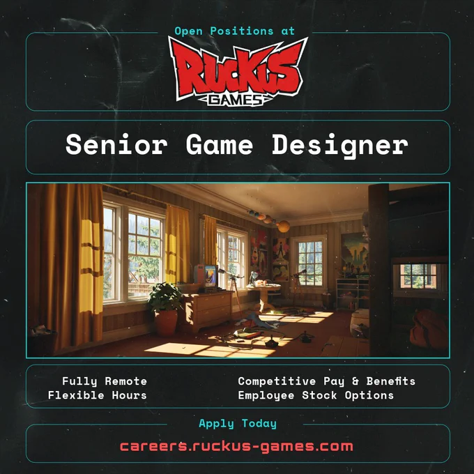 Senior Game Designer position at Ruckus Games.The position offers remote working, flexible hours, competitive pay and benefits, including employee stock options. Apply at careers.ruckus-games.com