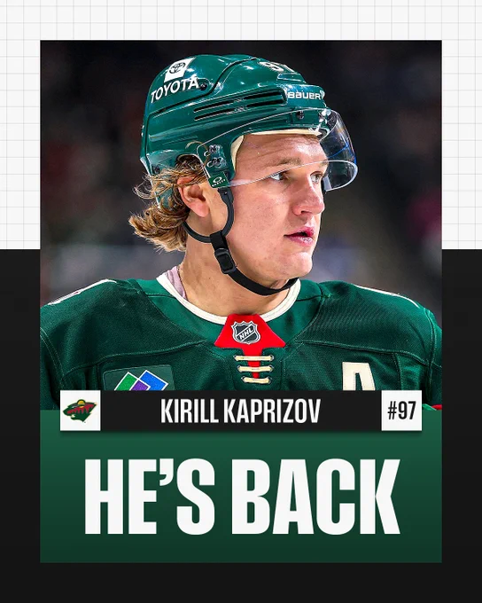 Kirill Kaprizov in a Minnesota Wild uniform. Below is his name and white text that reads, "He's back".