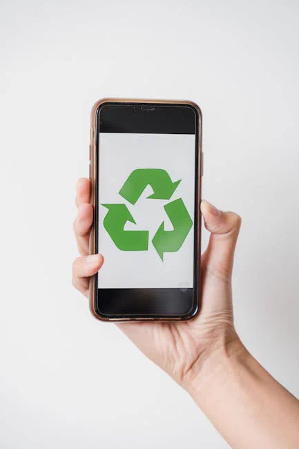 Close-up of hand holding smartphone displaying green recycling symbol on screen.