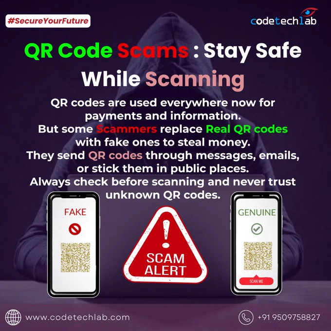  When in doubt, use a trusted scanner, and never download files or apps from dubious sources. Please be safe and keep your data safe! #QRCodeSafety #CyberSecurity #SafetyTips #EthicalHacking #codetechlab #Viral #trending
