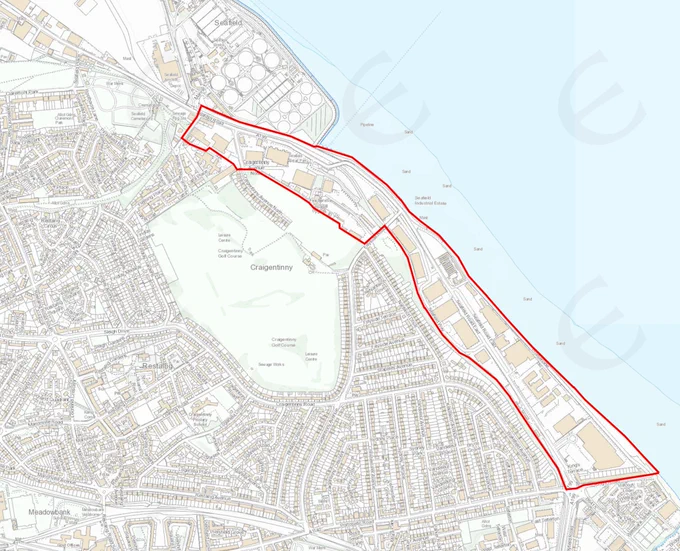 Map showing area covered by Seafield draft plan - essentially all of the current light industrial areas and car dealerships on both sides of Seafield Road East.