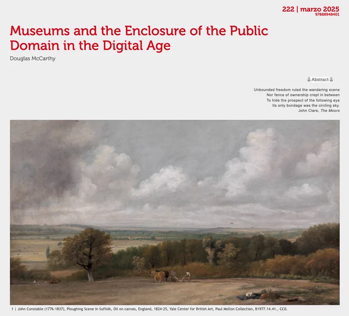 Online article 'Museums and the Enclosure of the Public Domain in the Digital Age', by Douglas McCarthy, available at https://engramma.it/eOS/index.php?id_articolo=5839