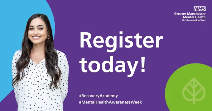 Image of a woman smiling beside text that reads “Register today! #RecoveryAcademy #MentalHealthAwarenessWeek”