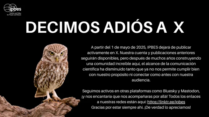Una imagen de un búho posado sobre una rama. El texto sobre la imagen dice: Nos damos a la X-ida.

A partir del 1 de mayo de 2025, IPBES dejará de publicar activamente en X. Nuestra cuenta y publicaciones anteriores seguirán disponibles en la plataforma.

Durante muchos años hemos construido aquí una comunidad maravillosa, pero debido a la disminución constante del alcance de la comunicación científica, se nos ha hecho difícil cumplir con nuestro mandato y conectar con nuestra audiencia de forma efectiva.

Seguimos activos en muchas otras plataformas, como Bluesky y Mastodon, y esperamos que nos acompañes por allá. Todos los enlaces a nuestras redes sociales están aquí: IPBES | Twitter, Instagram, Facebook | Linktree

Gracias por tu apoyo constante, ¡lo valoramos muchísimo!








