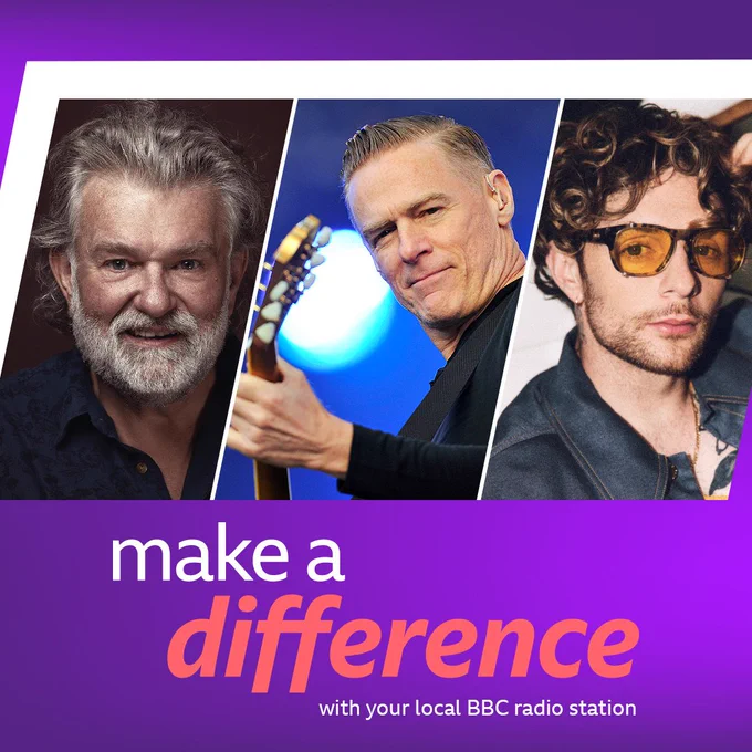 Presenter Si King, Bryan Adams and Tom Grennan collage pictures on a purple background.