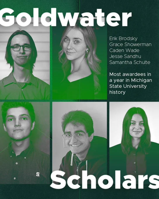 Graphic with a green gradient and individual photos of five students. The white call out text says "Goldwater Scholars" and smaller text says "Erik Brodsky, Grace Showerman, Caden Wade, Jesse Sandhu, Samanthan Schulte. Most awardees in a year in Michigan State University history".