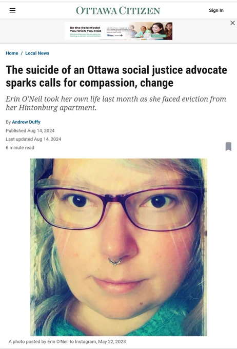 The suicide of an Ottawa social justice advocate sparks calls for compassion, change

Erin O'Neil took her own life last month as she faced eviction from her Hintonburg apartment.

