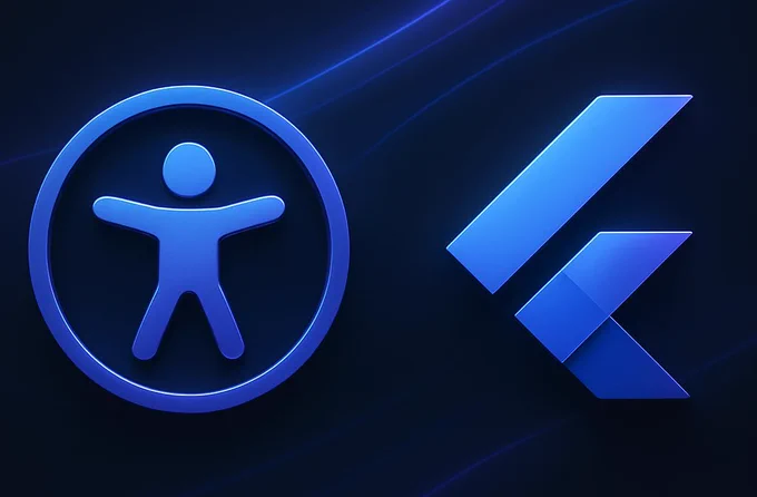 A dark, horizontal graphic with a glowing accessibility symbol (a person inside a circle) on the left and the Flutter logo on the right. Both symbols are softly illuminated in purple and blue tones, connected by flowing light lines against a deep, gradient background.
