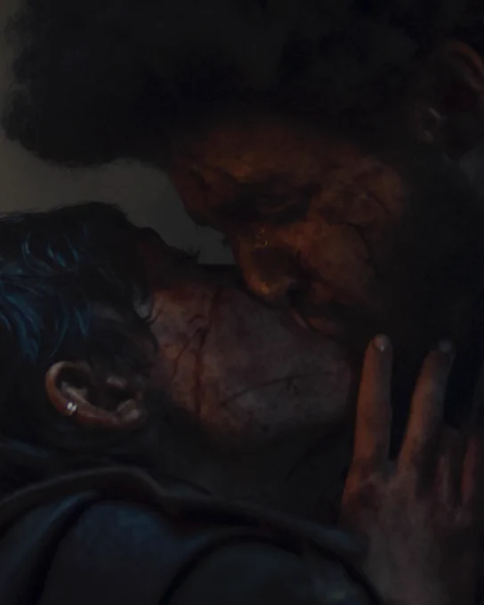 Perrin Aybara (Marcus Rutherford) and Faile Bashere (Isabella Bucceri) kiss, both bloodied and battleworn.