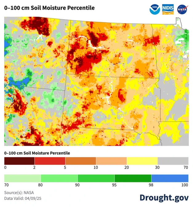This NASA SPoRT-LIS soil moisture map shows the moisture content of the top 100 cm of soil compared to historical conditions (1981–2013). The map shows most of the Northern Plains region with below normal soil moisture.