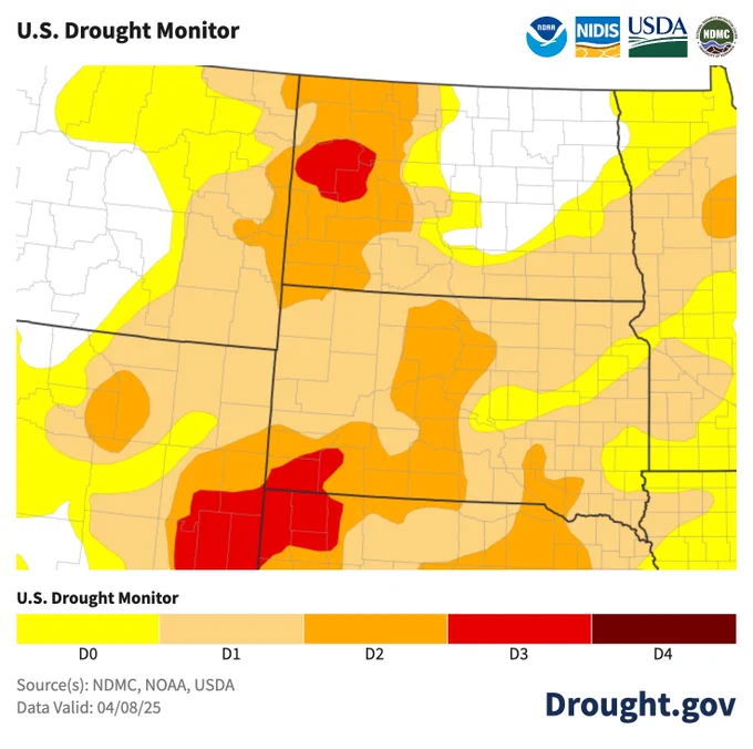 The April 8 U.S. Drought Monitor shows the Northern Plains, where almost all of the region is Abnormally Dry (D0) or in drought.