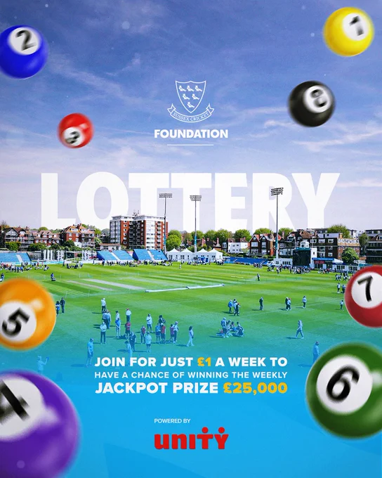 A graphic showing a picture of The 1st Central County Ground on Discoverability Day last year. The picture shows hundreds of people participating in a fun day in the sun. On the graphic are the SCF logo and the words LOTTERY - join for just £1 a week to have a chance of winning the weekly jackpot prize of £25,000. Powered by Unity. Surrounding this are some multi-coloured lottery balls falling to the ground over a cyan blue gradient.