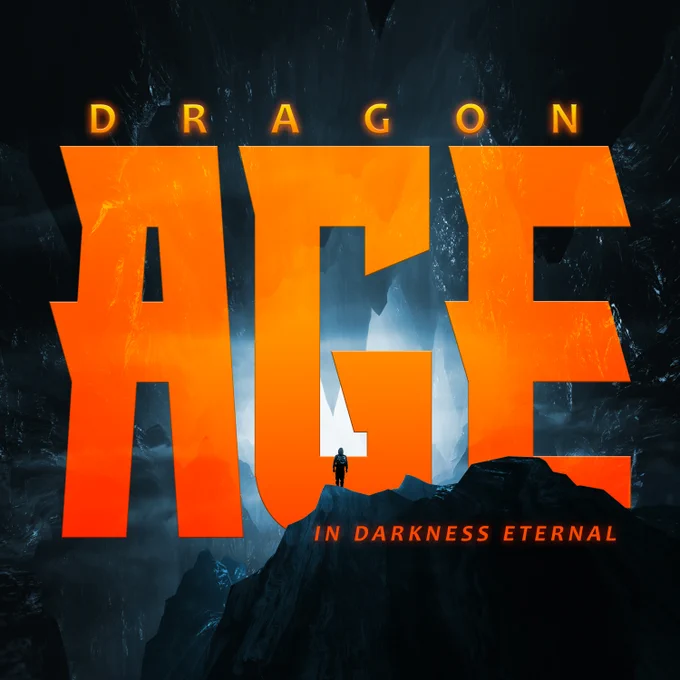 Full shot of a podcast cover.

The title "DRAGON AGE" is prominently displayed in large, stylized, bold orange letters. The letters are a 3D-like effect, with sharp edges and a slightly rough texture. The background features a dark, rocky landscape that looks like a cave or mountain range. The colors are primarily dark blues, grays, and smoky whites. 

A small figure, resembling a person, stands on a rocky outcrop within the scenery. The figure is silhouetted. 

Beneath the main title, the phrase "IN DARKNESS ETERNAL" is written in smaller, more standard-looking, dark-colored text. The overall visual style is dark, dramatic, and evocative of fantasy, sci-fi, or similar themes.