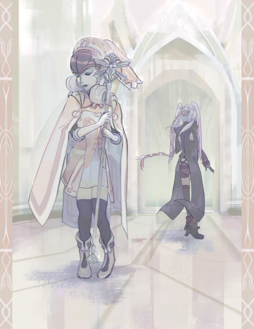 melia and tyrea, both masked, pass each other in the high entia tomb. The piece is lit dustily. Tyrea has her back turned to the camera, and melia grips her staff in unease