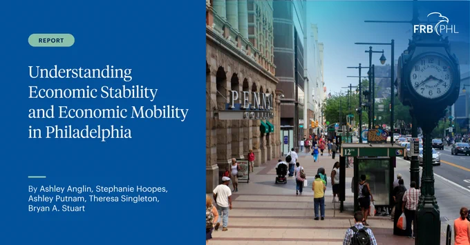 Cover image for a report titled "Understanding Economic Stability and Economic Mobility in Philadelphia" by Ashley Anglin, Stephanie Hoopes, Ashley Putnam, Theresa Singleton, and Bryan A. Stuart. The image features a bustling city street in Philadelphia with pedestrians and a prominent clock labeled “FRB PHL.”