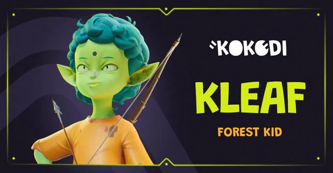 Promotional image for Kokodi featuring the character Kleaf, labeled 'Forest Kid'. Kleaf is depicted as a green-skinned elf with pointed ears, holding a slingshot. Bright yellow text and a dark background.