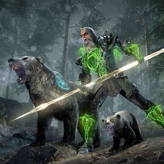 A Nord adventurer wields Arcanist magic armor and a Templar spear spell simultaneously.