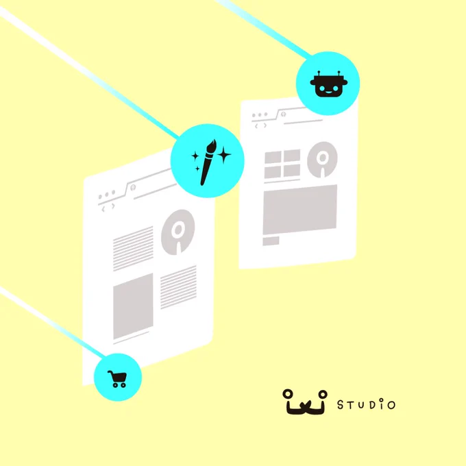 Ilustración muestra una página web informativa siendo tocada por un rayo del cielo con un icono de un pincel con magia y un carrito de compras. Una segunda página muestra una webapp siendo tocada por un rayo con un icono de robot digital