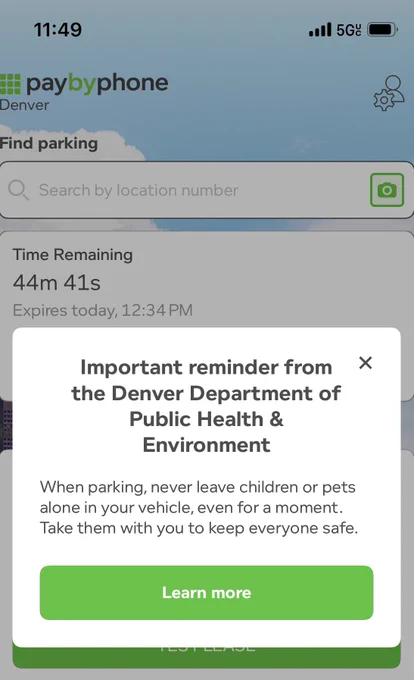Graphic that states: Important reminder from the Denver Department of Public Health & Environment While parking, never leave children or pets alone in your vehicle, even for a moment. Take them with you to keep everyone safe. Learn more.