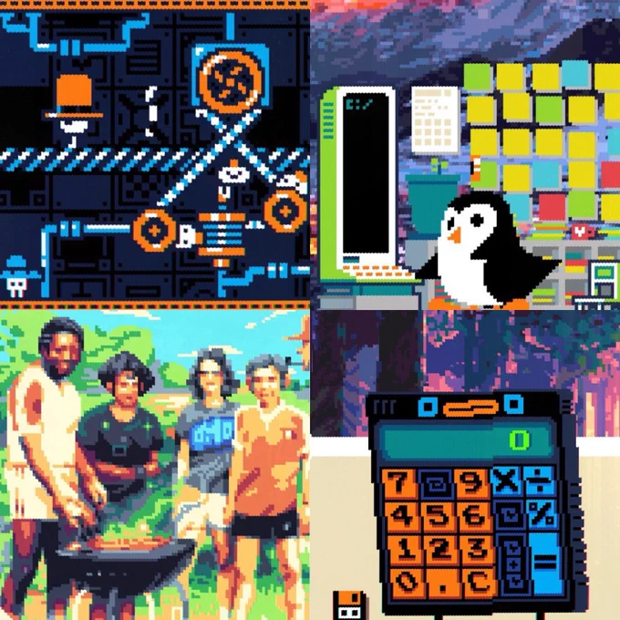 A collage of screenshots from MainFrames, featuring daemons, computer hardware, a penguin in front of a wall of sticky notes, a group photo, and a calculator with a face